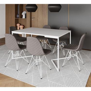 Imagem de Mesa Jantar Industrial Branca Base V 137x90cm C/ 6 Cadeiras Estofadas Grafite Eiffel Aço Branco