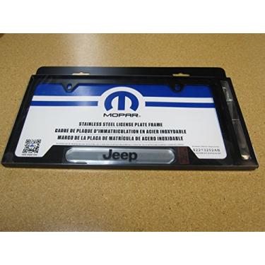 Imagem de Mopar 82213252AB Moldura para placa de licença, preto acetinado, dois orifícios superiores, logotipo da marca Jeep. Serve para todos os veículos Jeep