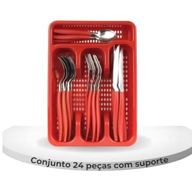 Imagem de Liz KO Jogo Talheres Faqueiro Aço Inox 24 Peças com Porta Talher Vermelho