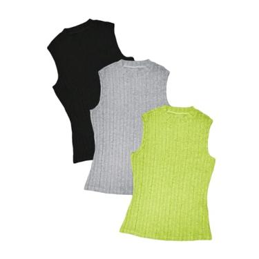 Imagem de MakeMeChic Blusa feminina de 3 peças de malha canelada gola redonda sem mangas casual cor sólida, Preto, cinza, verde, GG