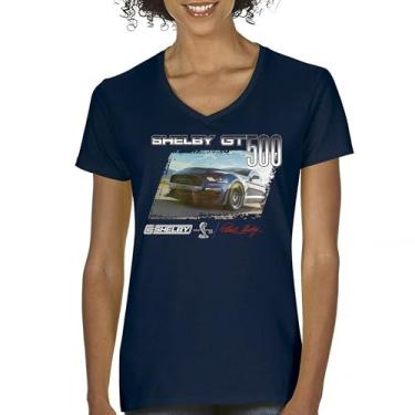 Imagem de Camiseta feminina Shelby GT500 gola V assinatura Mustang Racing Cobra GT 500 Muscle Car Performance Powered by Ford Tee, Azul marinho, M
