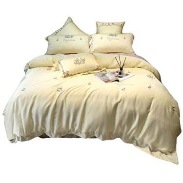 Imagem de Jogo de cama de verão Ice Silk Conjunto de cama de verão 4 peças King Size imitação de seda bordada, lençol de cama confortável (1,8 m)