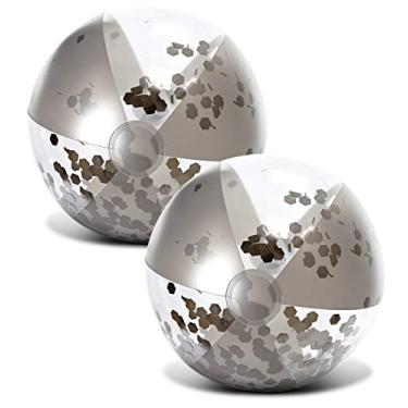 Imagem de POZA 2 bolas de praia infláveis prateadas – bola de praia inflável luxuosa com confetes prateados brilhantes, bolas de piscina de vinil resistentes para crianças e adultos, bolas de sinuca resistentes