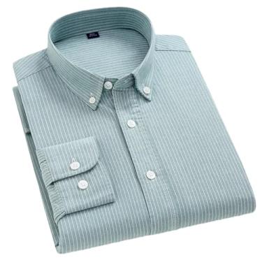 Imagem de Camisas masculinas listradas de algodão manga comprida não passar a ferro camisa casual negócios escritório colarinho botão lazer outono, H-h-2111, G