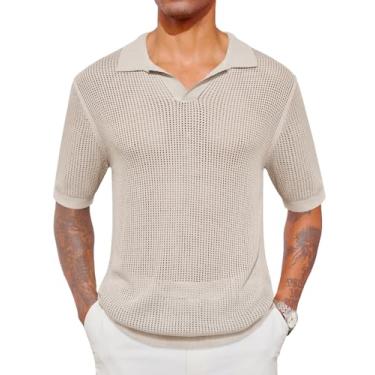 Imagem de Runcati Camisa polo masculina de malha casual crochê manga curta gola V stretch slim fit camiseta pulôver, Bege, M