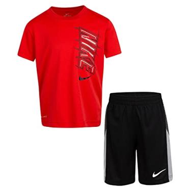 Imagem de Nike Conjunto de 2 peças de camiseta e shorts com estampa Dri-Fit para meninos pequenos, Vermelho (76h367-023)/Preto, 3 Anos