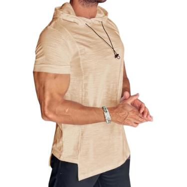 Imagem de Runcati Camiseta masculina casual com capuz manga curta moletom de treino de verão pulôver de malha de algodão, Caqui, G