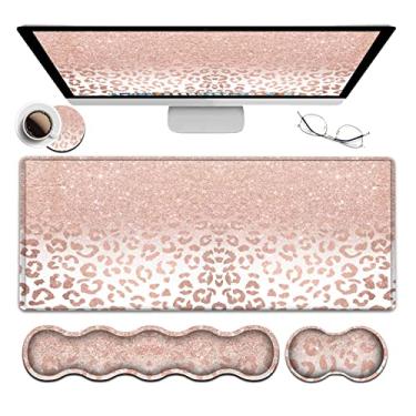 Imagem de Mouse pad grande e descanso de pulso de gel + teclado de espuma de memória, conjunto de suporte de descanso de pulso, base de borracha antiderrapante para escritório, casa, computador, mousepads para jogos estendidos 2GG estampa leopardo estrela tapete de mesa rosa