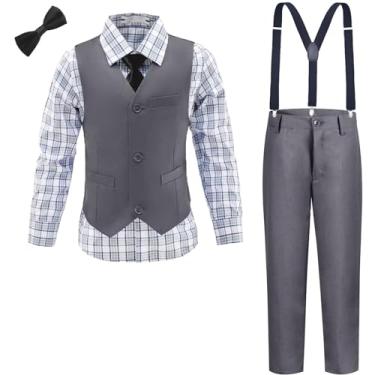 Imagem de Conjunto de roupas formais para meninos, smoking e calça xadrez, suspensórios, para meninos adolescentes, Conjunto de calça colete cinza, 4