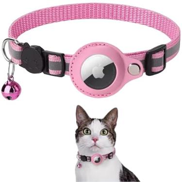 Imagem de Coleira Anti Perda Pet De Nylon Com Capa de Couro Para Rastreador Airtag ou Identificador, Com Detalhes Reflexivos E Sininho, Recomendável para Gatos e Cachorros (Porte Pequeno) (Pink)