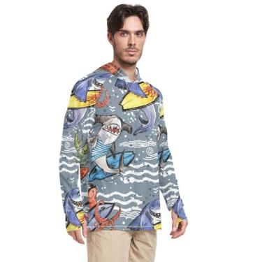 Imagem de Moletom masculino com capuz manga longa desenho fofo peixe marinho FPS 50 + camisetas masculinas Rash Guard UV, Peixe marinho de desenho fofo, Medium