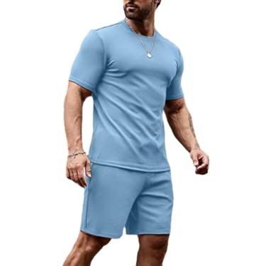 Imagem de Uni Clau Conjunto masculino de camisa e shorts, roupas de verão, casual, de manga curta, conjunto de 2 peças, Azul-claro, M