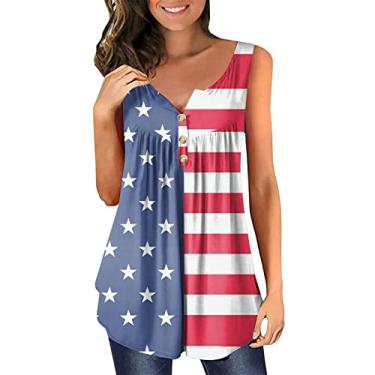 Imagem de Camiseta regata feminina Independence Day sem mangas, com botões, bandeira americana, listras, Azul marino, 3G