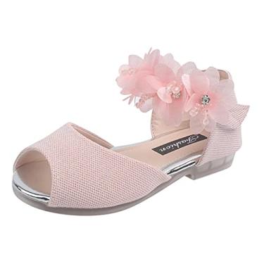 Imagem de Sandálias femininas com strass e flores de salto baixo para festa de casamento sapatos de princesa para crianças, rosa, 10 Big Kid