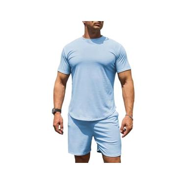 Imagem de Uni Clau Conjunto masculino de 2 peças, conjunto de camisetas e shorts de manga curta para verão e praia, Azul-claro, GG