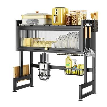 Imagem de Escorredor de louça sobre a pia, armário de cozinha grande com porta, escorredores de pratos à prova de poeira para armazenamento de balcão de cozinha doméstica, prateleiras de prato acima da pia com