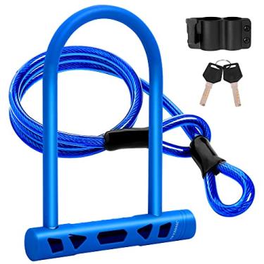 Imagem de SKYSONIC Cadeado de bicicleta resistente com cabo de 14 mm e cabo de 12 mm x 1,5 m e suporte de montagem resistente para mountain bike dobrável bicicleta de estrada (azul marinho)