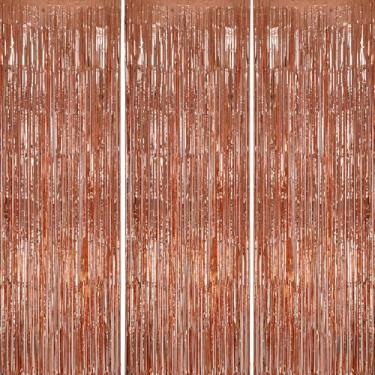 Imagem de DECOCKRAT Pano de fundo de franja de folha de 9,5 x 21,5 m, pacote com 3 cortinas de tinsel, vaporizadores de decoração de festa em ouro rosa, cortinas de fundo com franjas para decoração de festa temática de aniversário, formatura, Natal