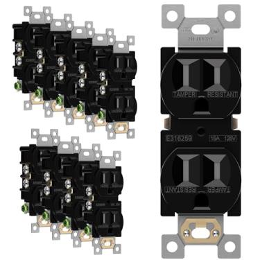 Imagem de ENERLITES Tomada dupla para receptáculo seguro para crianças invioláveis, grau residencial, 3 fios, auto-aterramento, 2 polos, 15A 125V, certificação UL, 61580-TR-BK, preto (pacote com 10)