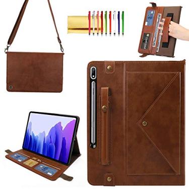 Imagem de Capa de bolsa para Samsung Galaxy Tab S8+/S7+/S7 FE 12,4 polegadas, Techcircle Folio Stand Crossbody Capa Carteira com Suporte para Caneta e Slots para Cartão Bolso Fino, Alça de Mão Embutida e Alça de Ombro Removível, Café