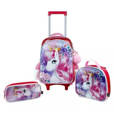Imagem de Kit Mochila Carrinho Unicórnio Escolar + Lancheira + Estojo - Santino