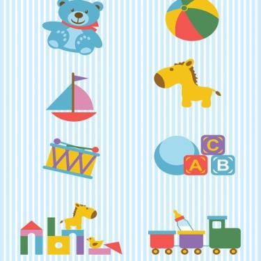 Imagem de Papel de Parede Adesivo Infantil Brinquedos Fundo Listrado Azul Boy RE