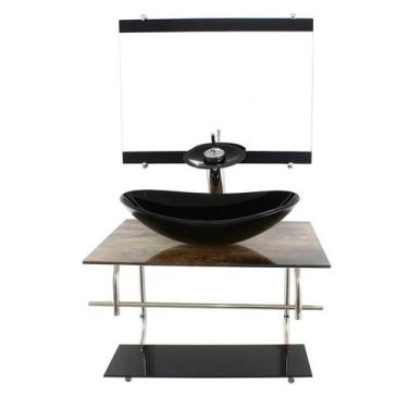 Imagem de Gabinete de vidro inox para banheiro 60cm oval madeira rústica - Cubas