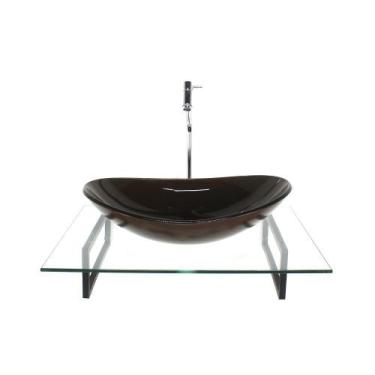 Imagem de Kit cuba de vidro oval marrom com tampo 60cm incolor e suporte torneir