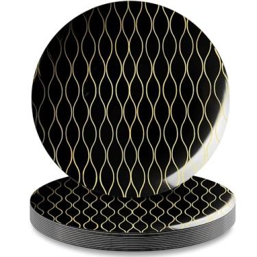Imagem de Pratos de salada de plástico redondos de ouro preto premium - 19 cm (pacote com 10) | Conjunto de louça luxuoso para festas e eventos
