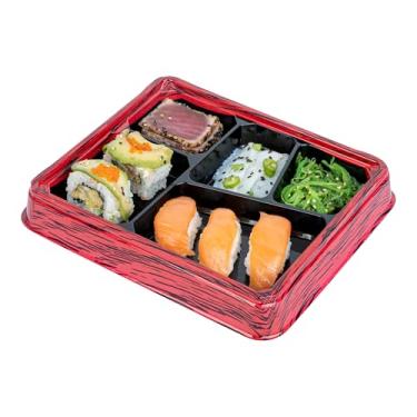 Imagem de Restaurantware -Bento Tek Recipientes de preparação de refeições de 520 ml, 50 caixas de comida descartáveis - tampas vendidas separadamente, 5 compartimentos, lancheiras Bento de plástico vermelho e