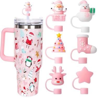 Imagem de CEDIDJAC Capa de palha de Natal rosa para Stanley Cup Xmas Silicone Straw Toppers compatível com Stanley 30 & 1,134 g Tumbler, capa de palha reutilizável de Natal para acessórios de copos Stanley de