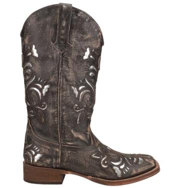 Imagem de ROPER Botas femininas Belle Metallic Tooled Inlay Square Toe Casual Cano Médio Salto baixo 2,5-5 cm - Preto, Marrom, 41