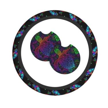 Imagem de Capa de volante de tartaruga marinha com 2 porta-copos de carro neoprene antiderrapante para mulheres homens meninas universal 38 cm