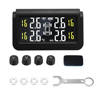 Imagem de X AUTOHAUX Sistema de monitoramento de pressão de pneu TPMS carregador solar sem fio monitor 5 modos de alarme visor LCD em tempo real com 4 sensores externos pressão de temperatura para carro RV SUV