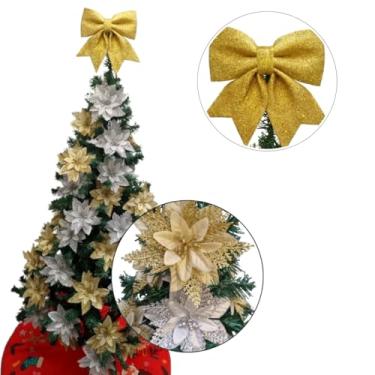 Imagem de Árvore De Natal Decorada 1,50m 300 Galhos Flor Laço Luxuosa Pinheiro Verde Ártificial Cedros Enfeites Decoração Festa Bola Natalino Flores Pendurar Ornamentos (Laço Amarelo)