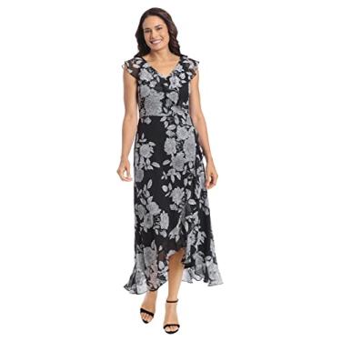 Imagem de London Times Vestido longo feminino de chiffon com babados e babados para convidadas de casamento, Preto/branco macio, 38