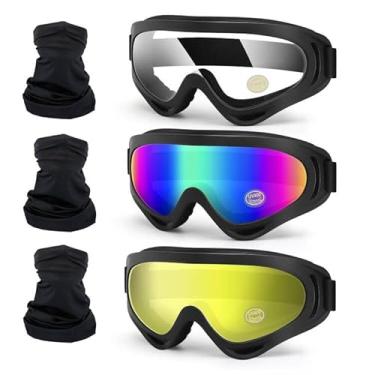 Imagem de 4-FQ Pacote com 3 óculos para motocicleta, quadriciclo, motocross, óculos off-road, antiembaçamento, à prova de poeira, óculos de proteção UV para adultos, jovens, crianças, com 3 unidades de máscara