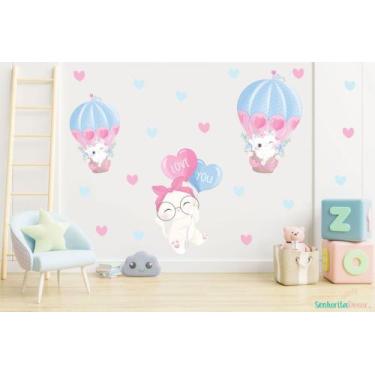 Imagem de adesivo de parede gatinha balões e corações laço aquarela - Senhorita 