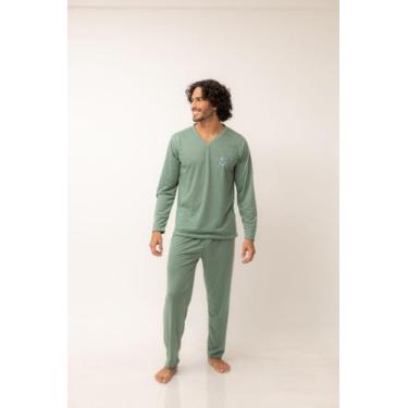 Imagem de Pijama longo masculino liso Fechado manga comprida detalhe bordado - U