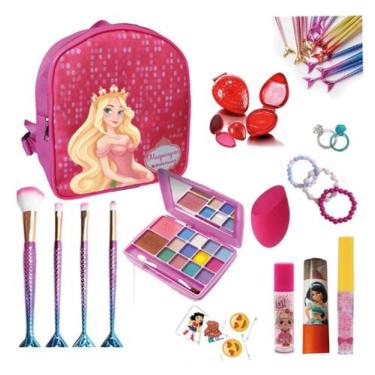 Imagem de Maquiagem Infantil Kit com Mochila Rosa Princesa, Batom, Gloss, Pincéi