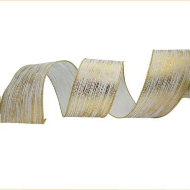 Imagem de Fita marfim riscas dourado ouro 2 metros 63mm natal decoração presente
