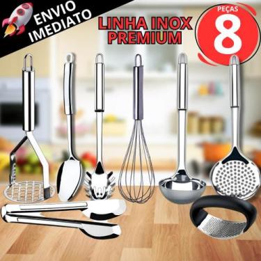 Imagem de Kit 8 Peças Inox Amassador Batata e Alho Colher Concha Escumadeira Fou