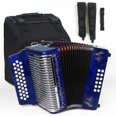 Imagem de AKLOT Acordeão: 31 chaves 12 base G/C/F acordeão para adultos, instrumentos de acordeão diatônico para iniciantes, acordeão com estojo de transporte, alça (imitação de diamante embutido) azul