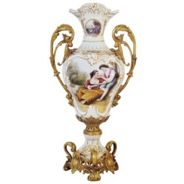 Imagem de Ânfora Porcelana Branca Ouro Prensado c Bronze Classico Luxo - LUXdéco