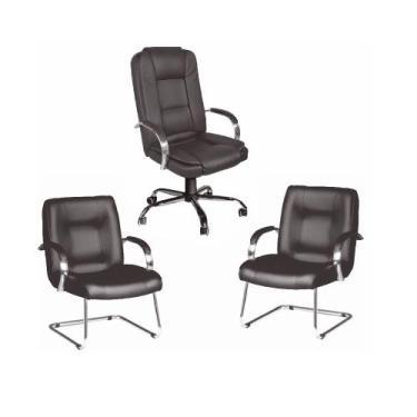 Imagem de Kit Cadeira Escritório EURO Preta Base Cromada - 1 Giratória + 2 Fixas