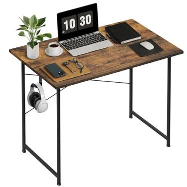 Imagem de HealSmart Computador de escritório doméstico pequena mesa marrom, mesa de computador de design simples de madeira com gancho para fone de ouvido, 81 cm