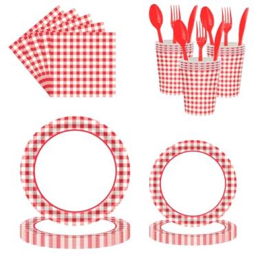Imagem de 140 peças de talheres xadrez xadrez vermelho e branco, pratos de papel descartáveis para churrasco para piquenique, guardanapos, garfos, decorações de festa de aniversário, lembrancinhas, serve 20