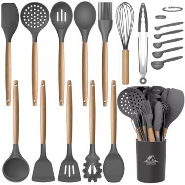 Imagem de MIBOTE Conjunto de 17 utensílios de cozinha de silicone com suporte, cabos de madeira, espátula, colher, utensílios de cozinha, conjunto de utensílios para panelas antiaderentes (cinza)