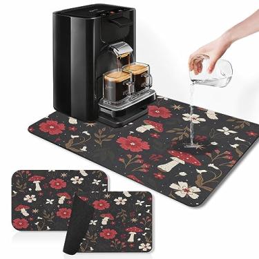 Imagem de Arttown Tapete de café para bancadas, tapete de secagem de pratos preto floral vermelho cogumelo, 2 peças para acessórios de bar de cozinha, serve sob cafeteira, máquina de café expresso, escorredor