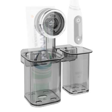 Imagem de Linkidea Suporte de parede para escova de dentes para banheiro, organizador de cabide de escova de dentes autoadesivo de plástico com 2 compartimentos, compatível com Oral-B série iO, Sonicare